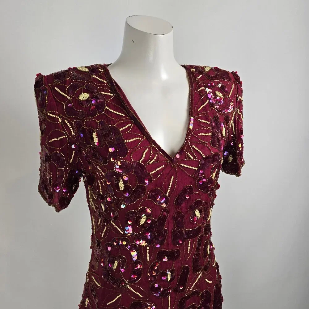 Vintage Silk Burgundy Beaded Sequined Midi Dress Size M - Picture 2 of 9